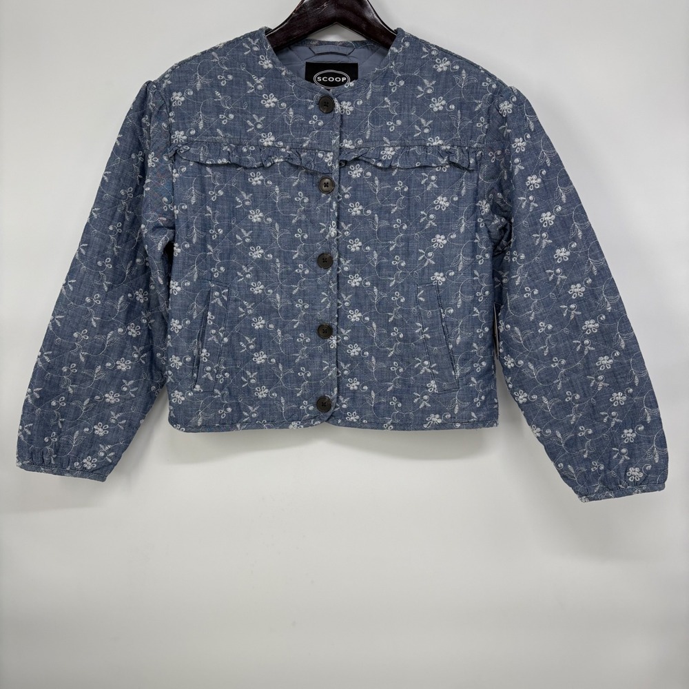 Scoop Women Blue Quilted Floral Embroidered Ruffle Chambray‎ Jacket Medium 8-10